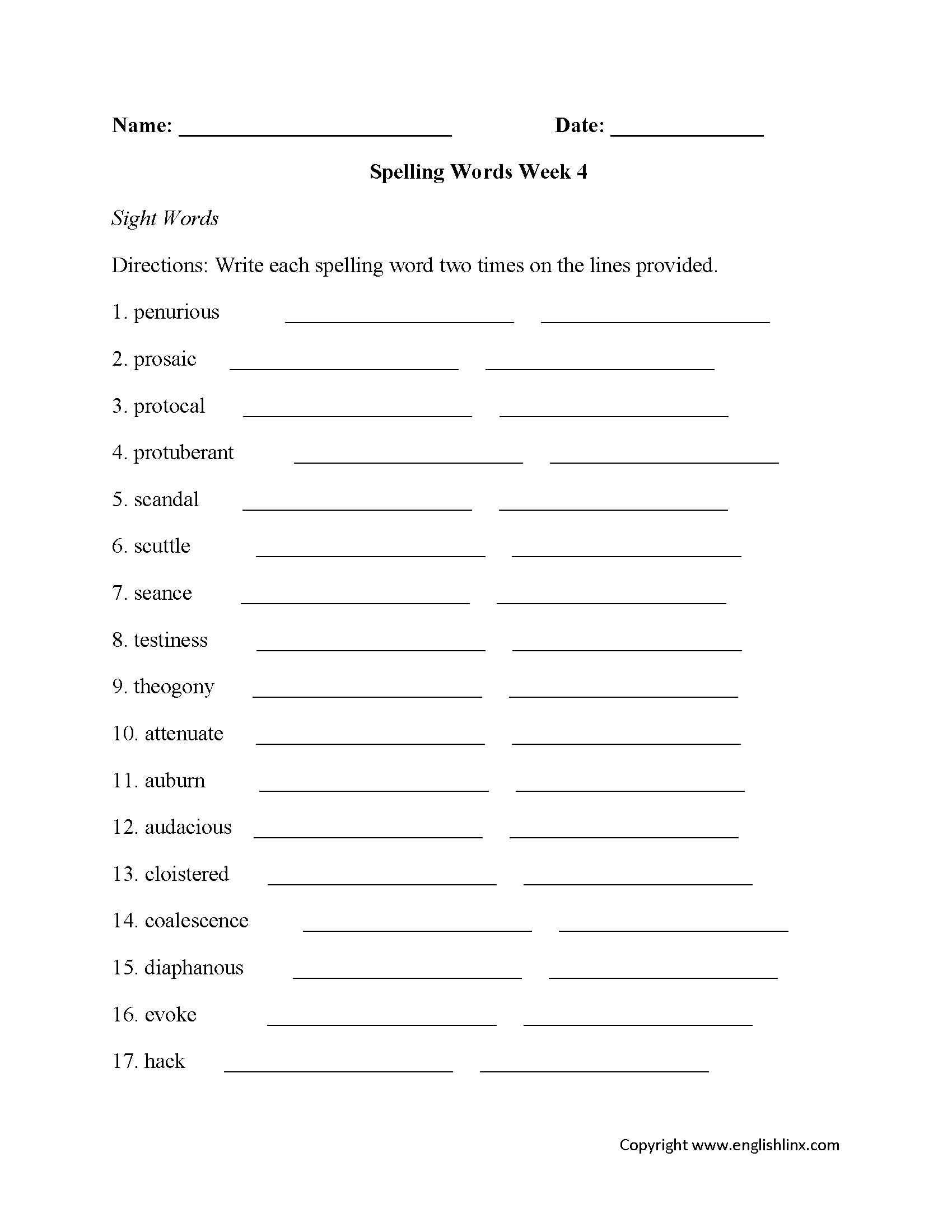 Week 4 High School Spelling Worksheets
