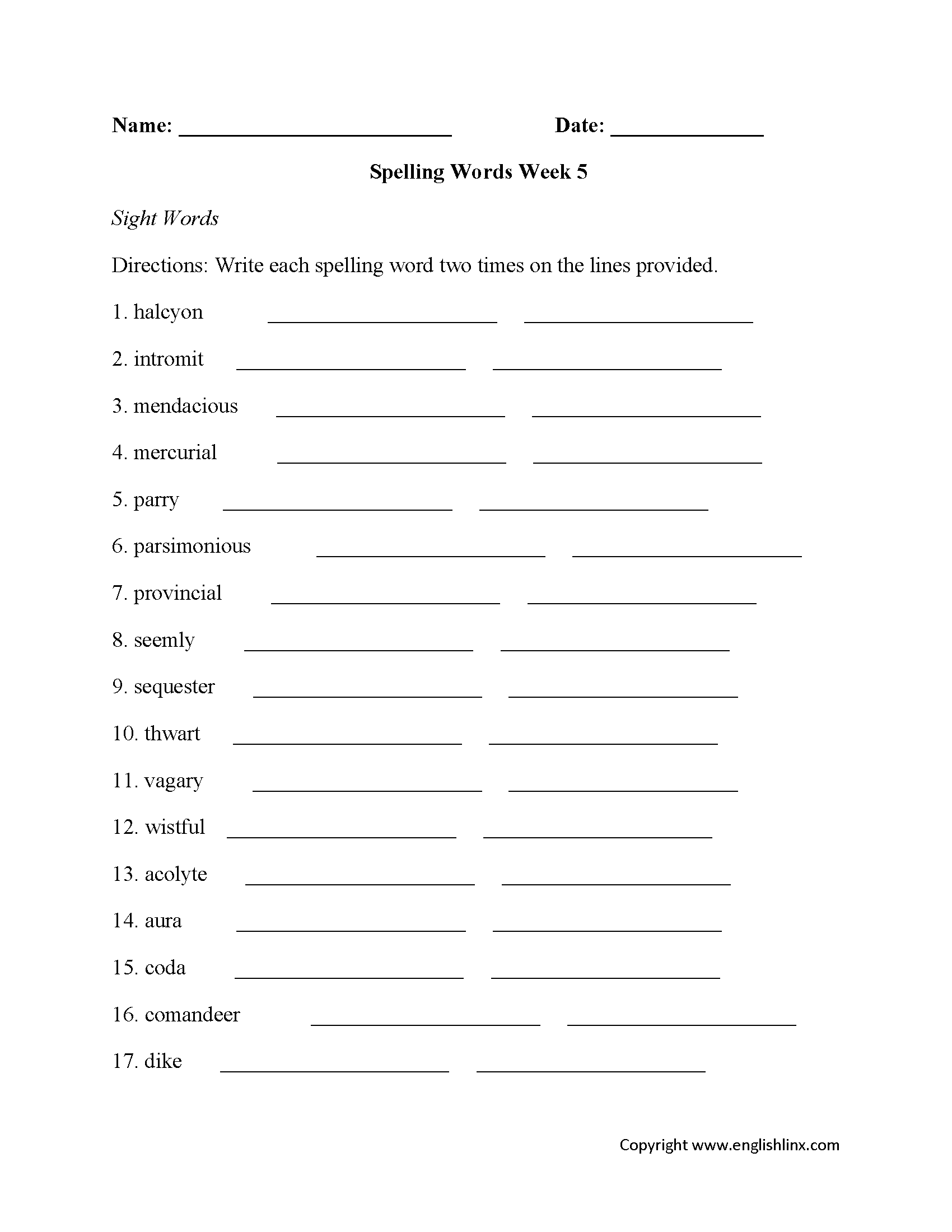 Week 5 High School Spelling Worksheets