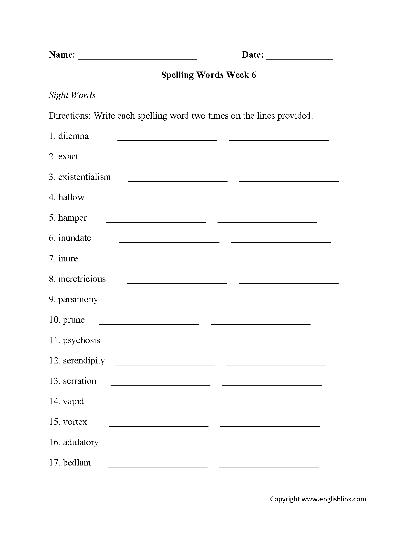 Week 6 Short A Vowel Fifth Grade Spelling Worksheets