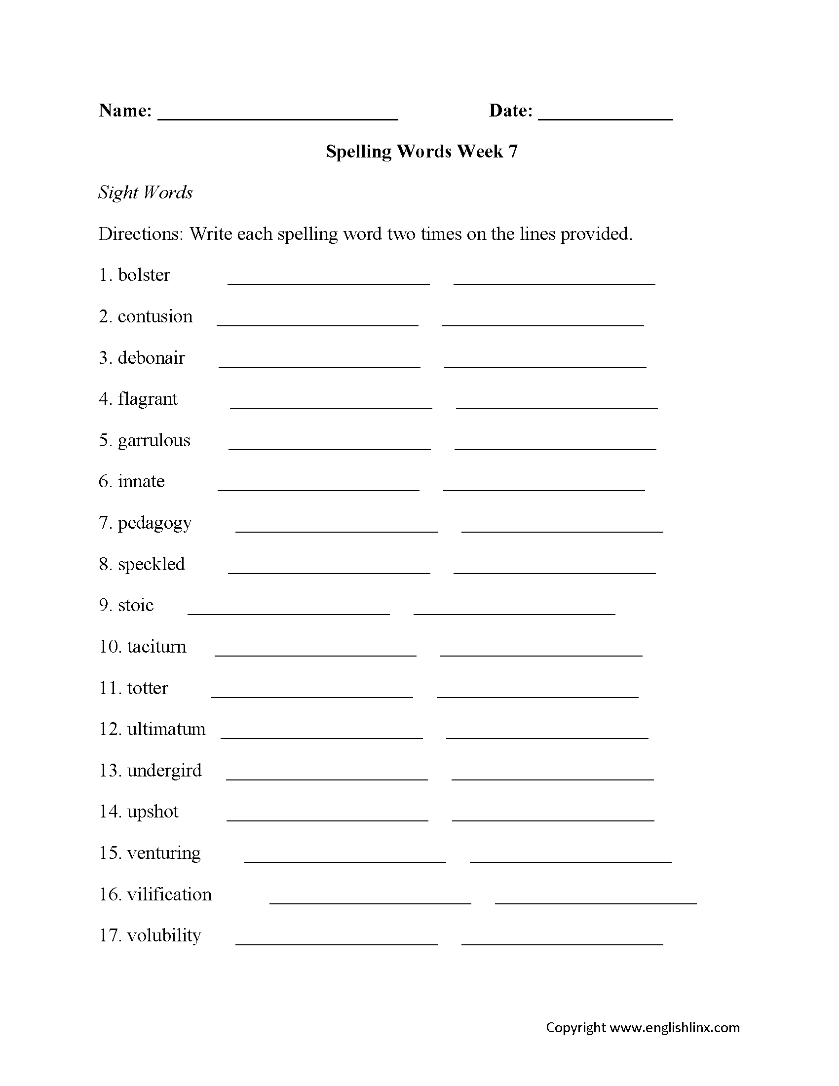 Week 7 High School Spelling Worksheets