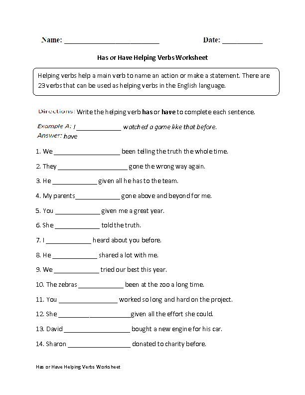 Has or Have Helping Verb Worksheet