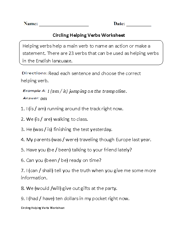 Circling Helping Verbs Worksheet