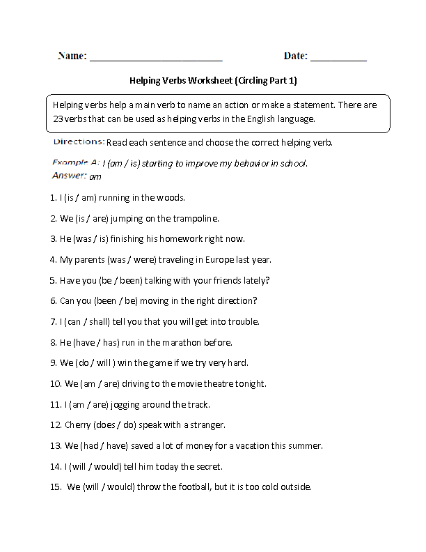 Helping Verb Worksheet