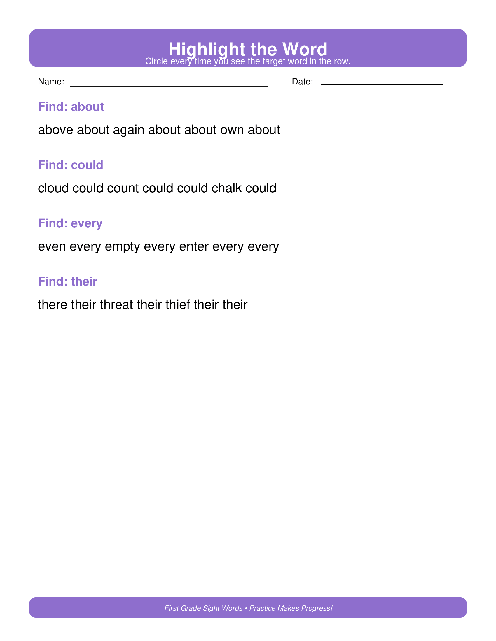 Highlight the Word First Grade Sight Words Worksheets