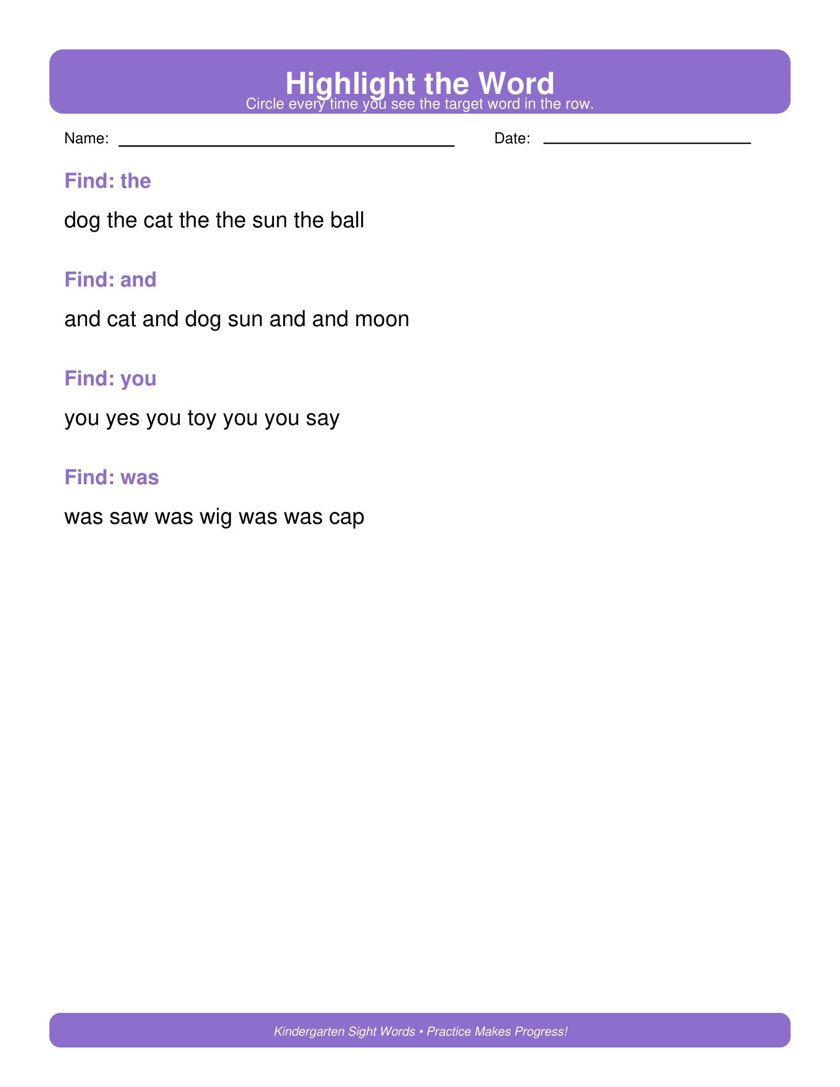 Highlight the Word Kindergarten Sight Words Worksheets