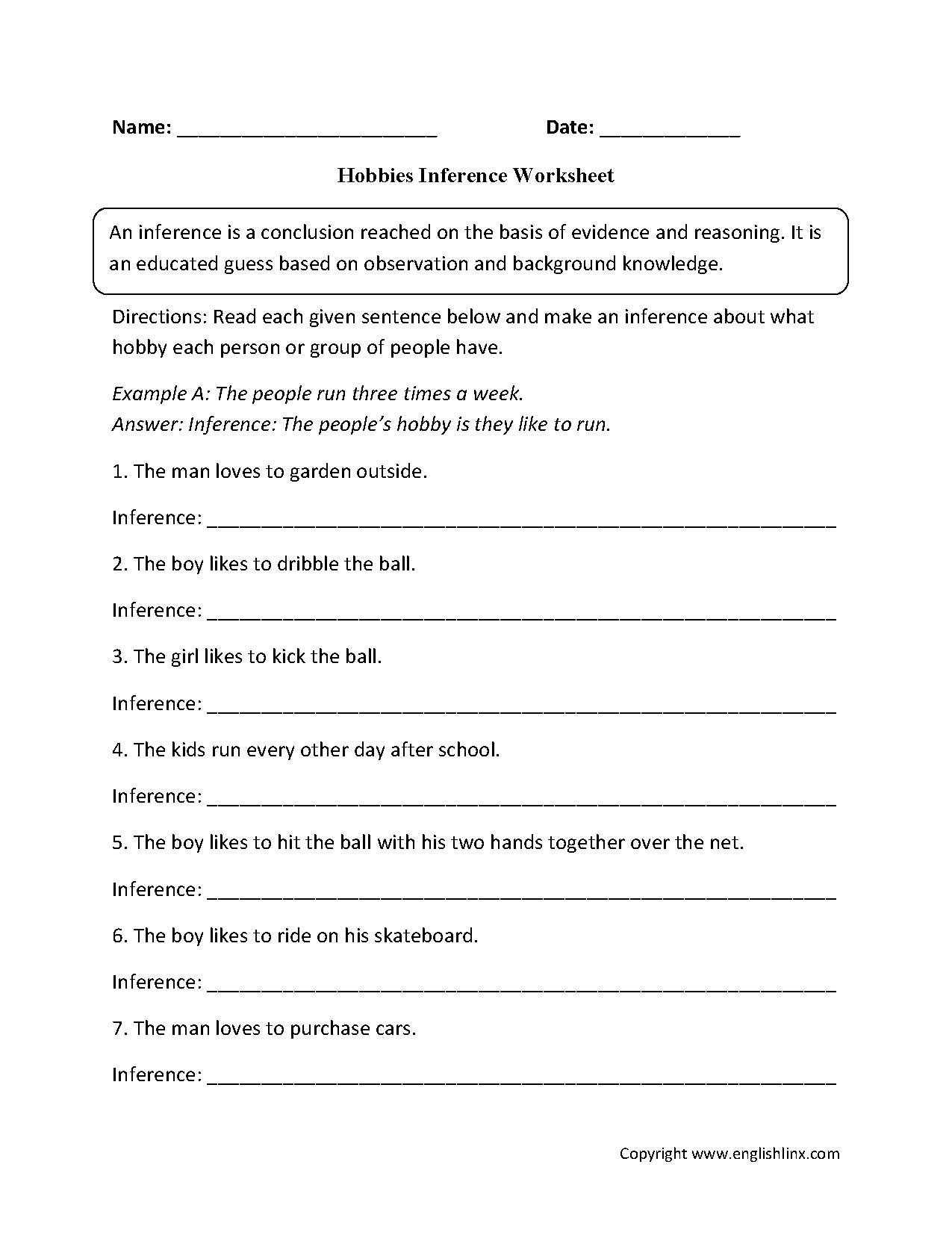Hobbies Inference Worksheets