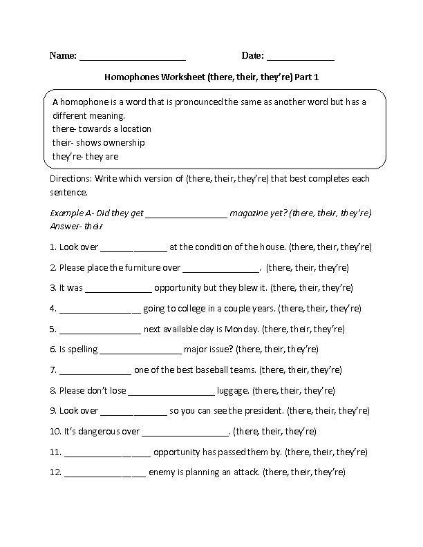 Homophones Worksheets There They re Or Their Homophones Worksheet