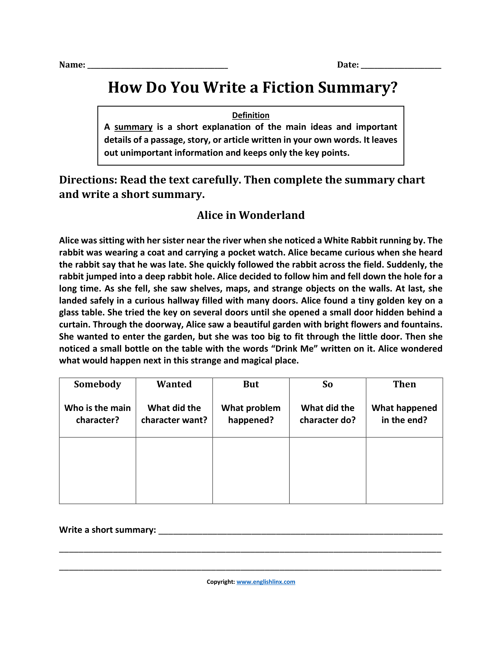 How to Write Fiction Summary Worksheets