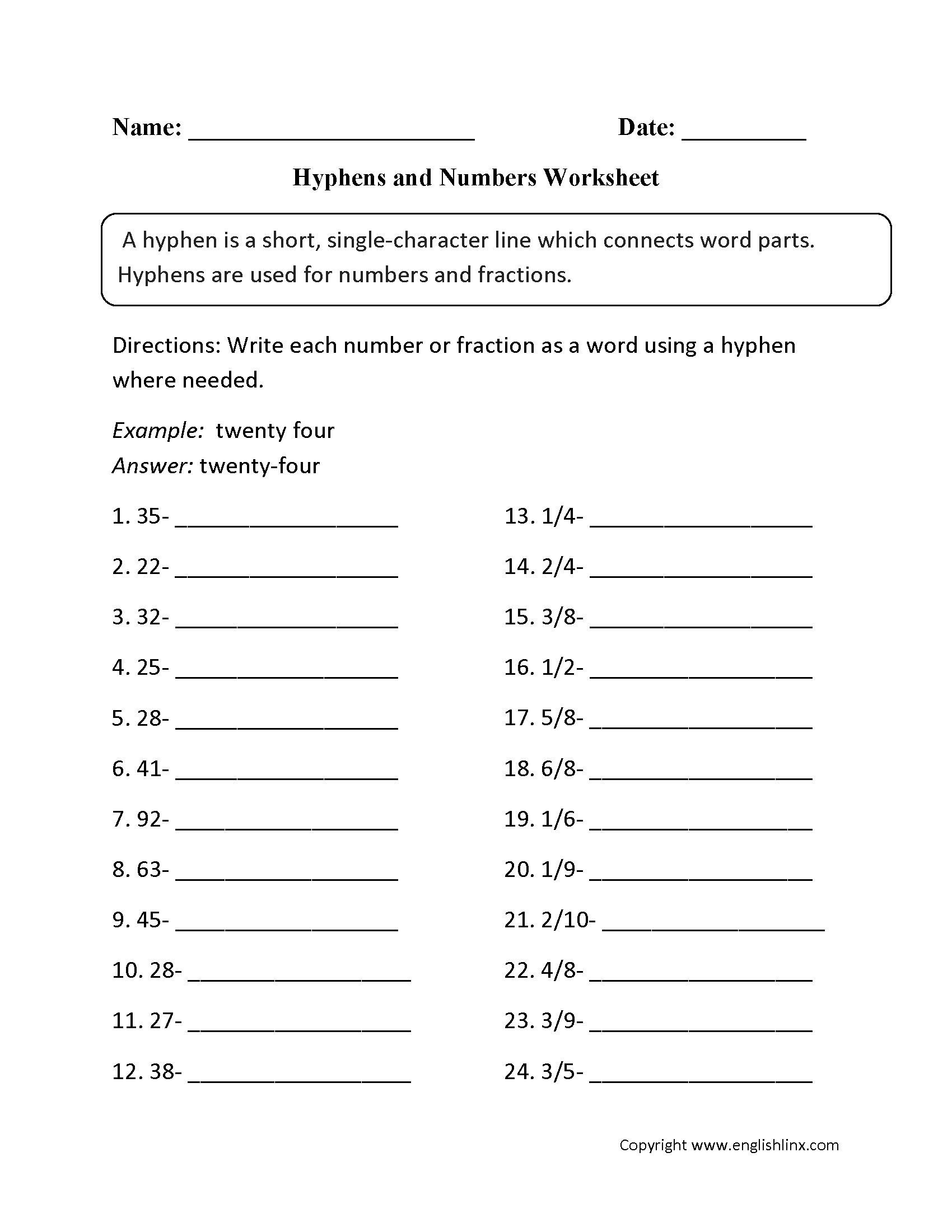 Hyphens and Numbers Worksheet
