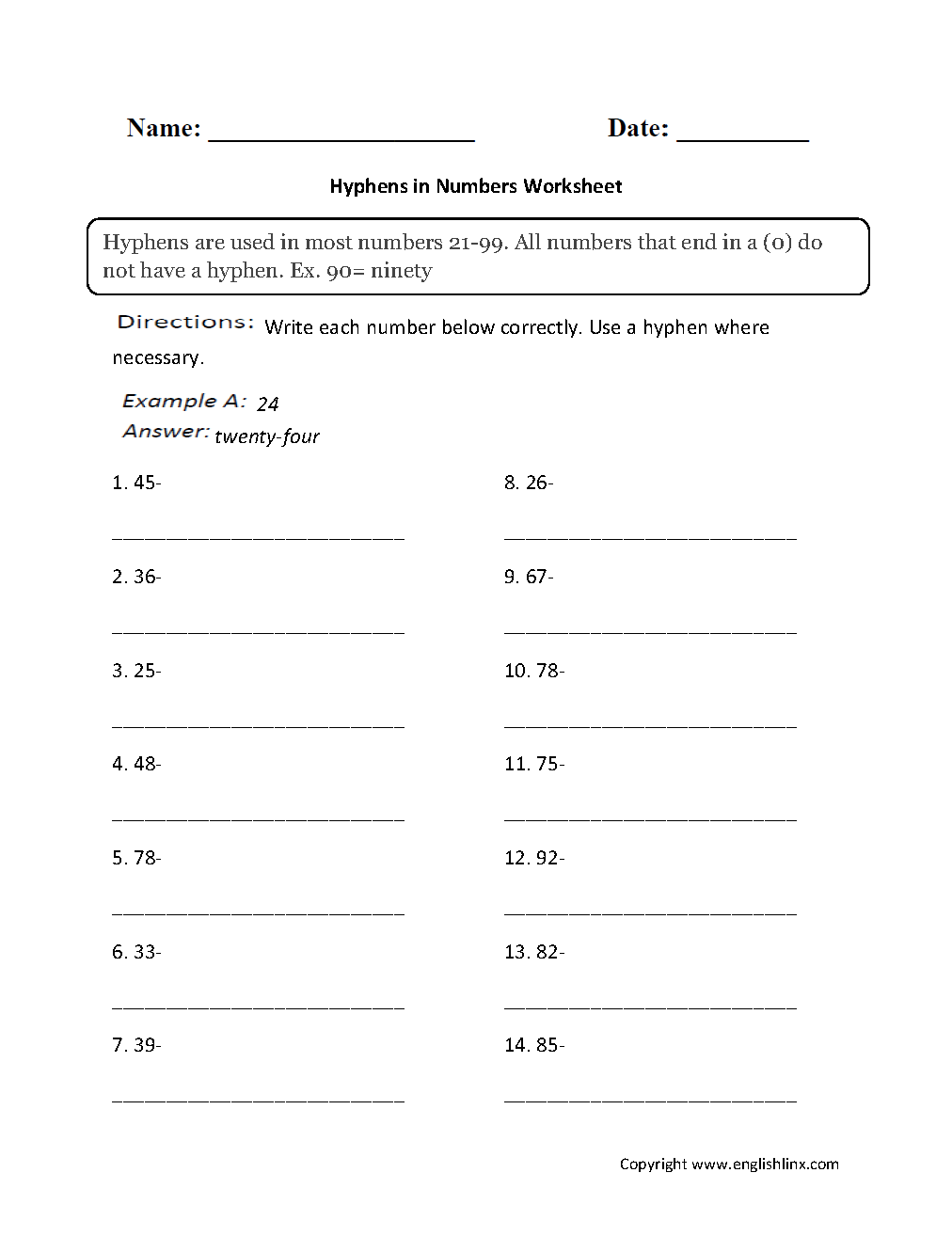 Hyphens in Numbers Worksheets