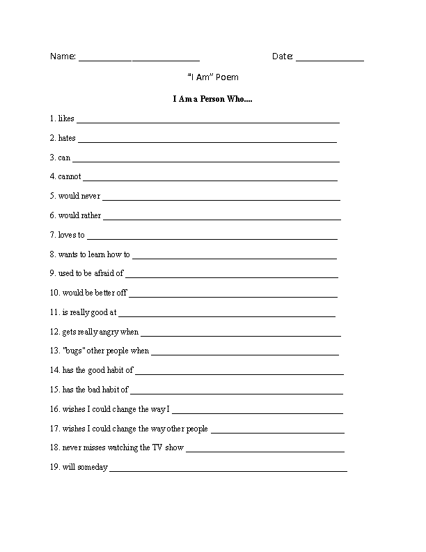 Poetry Worksheets | I am a Person Who Outline 1 Poetry Worksheets