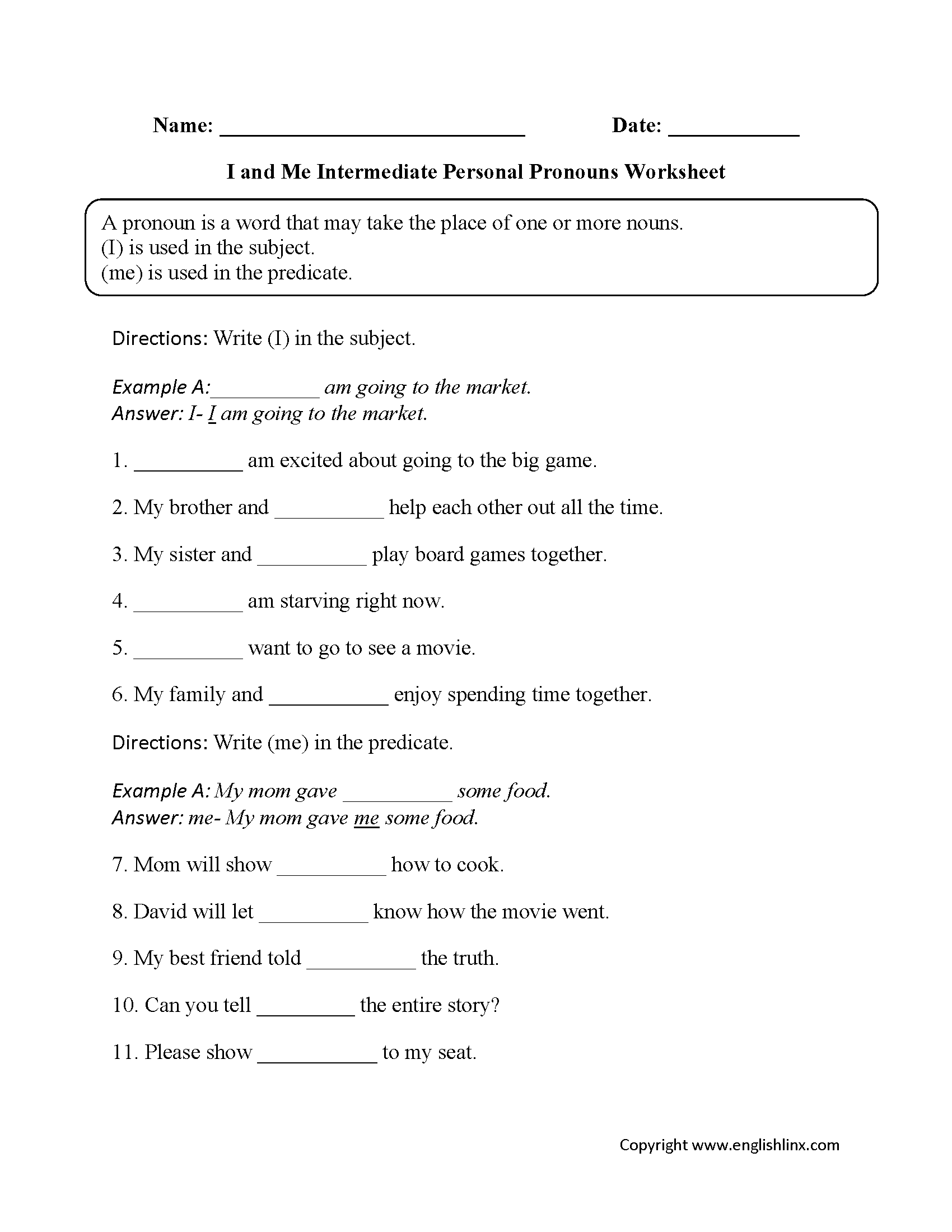 I and Me Intermediate Personal Pronouns Worksheets