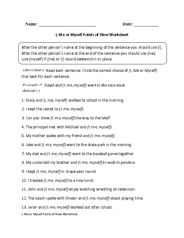 I, Me or Myself Point of View Worksheet