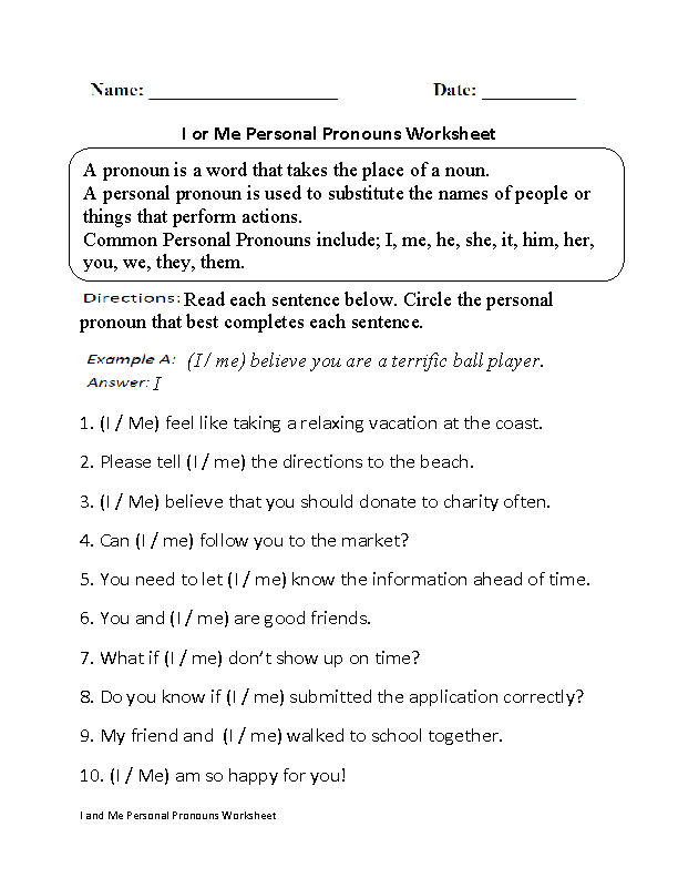 I or Me Personal Pronouns Worksheet