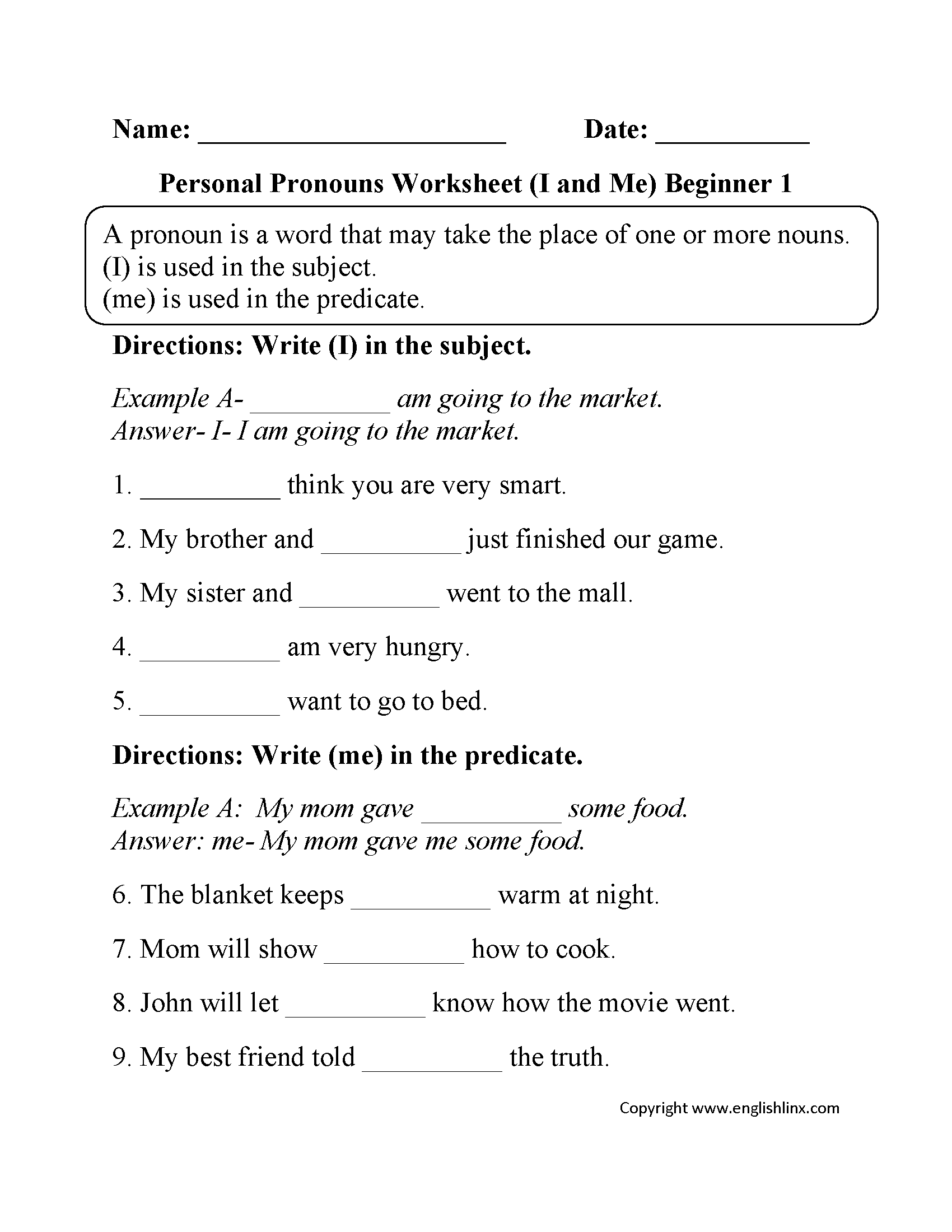 I and Me Personal Pronouns Worksheets Beginner Part 1
