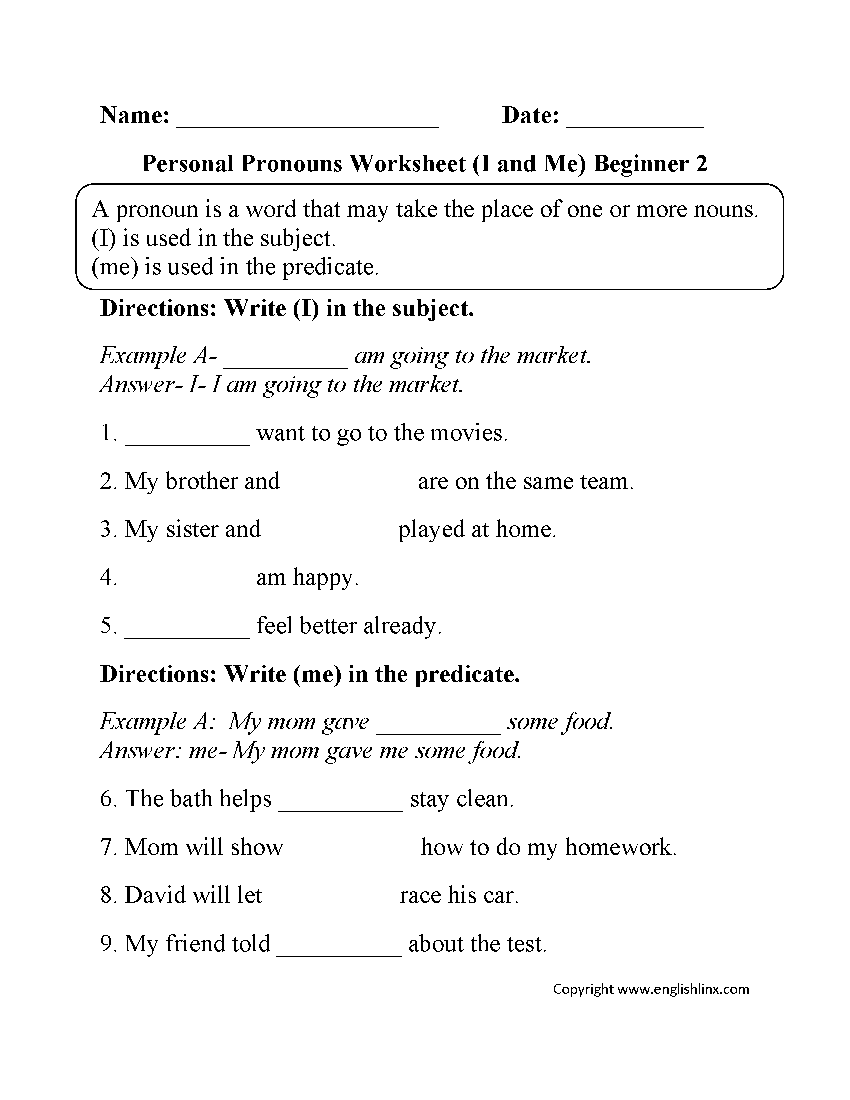 Personal Pronouns Worksheets  I and Me Personal Pronouns In I Vs Me Worksheet