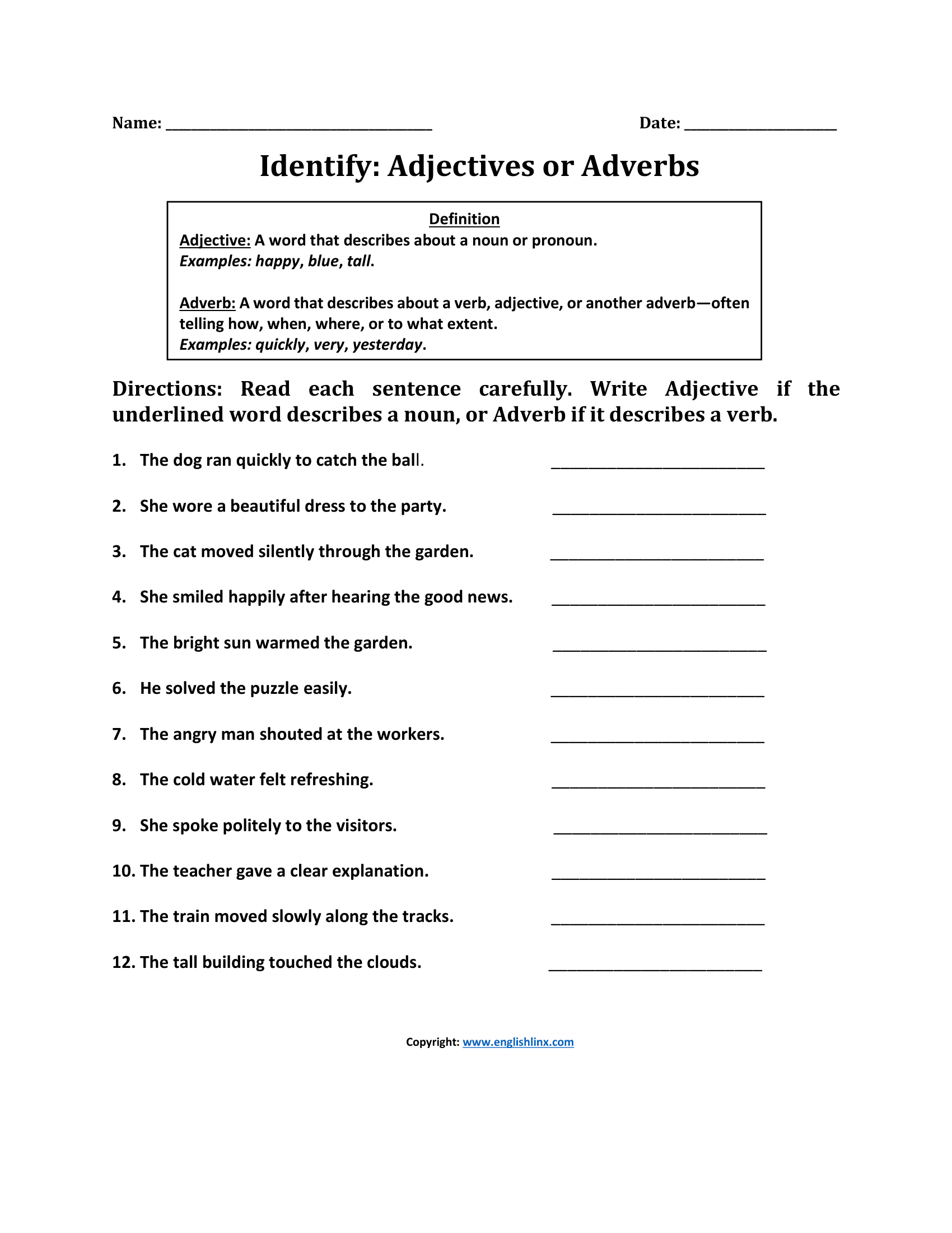 Identify Adjectives and Adverbs Worksheets
