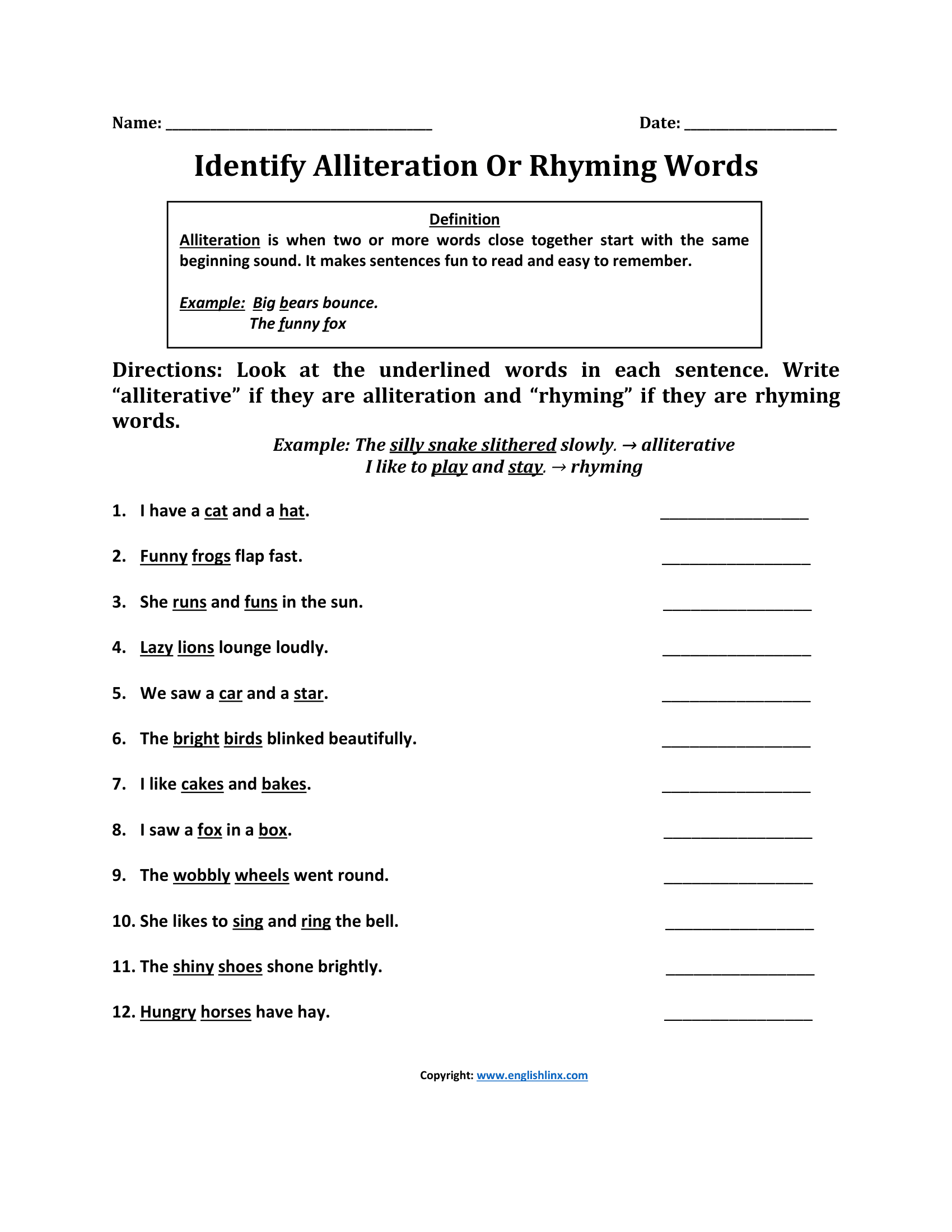 Identify Rhyming Words Alliteration Worksheet