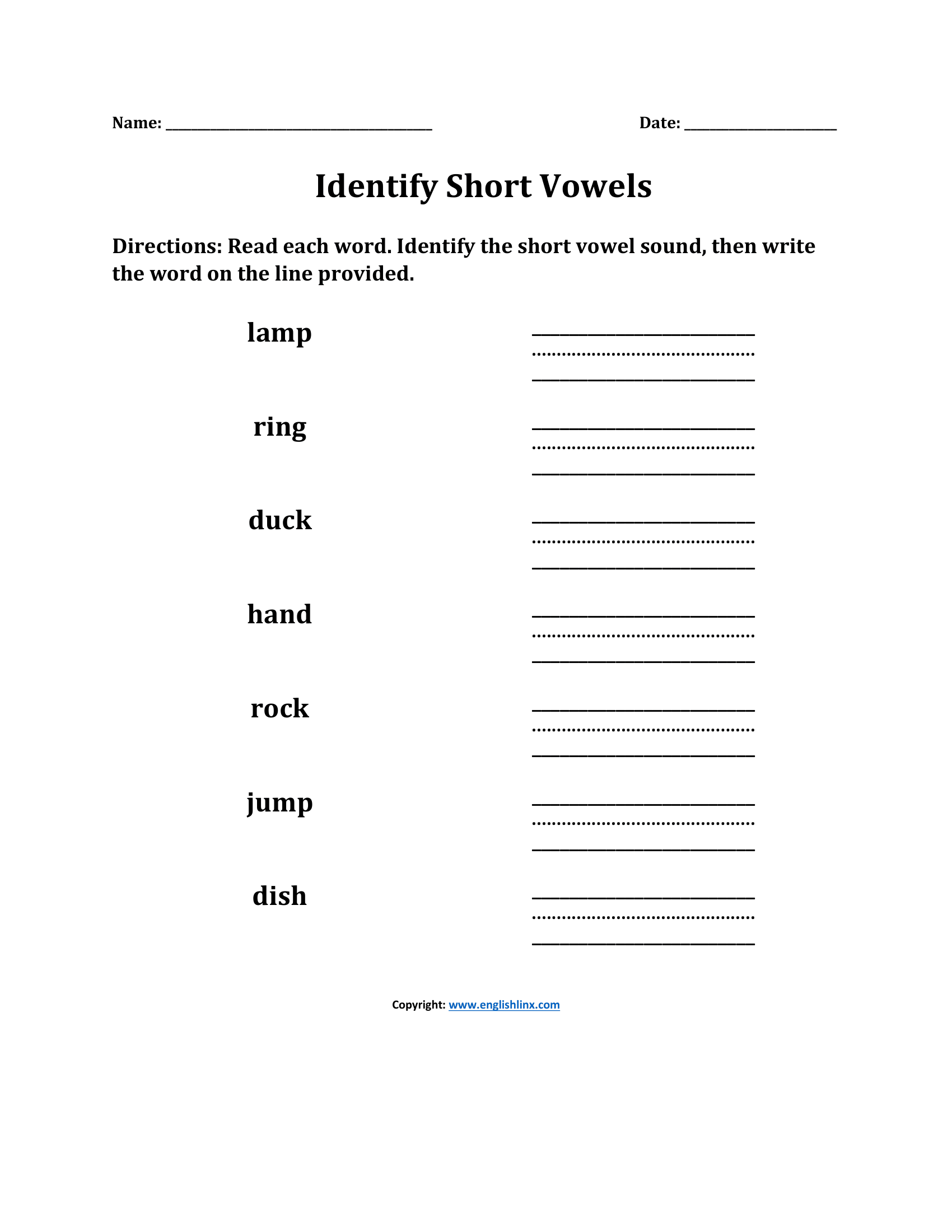 Identify Short Vowels Sounds Worksheets