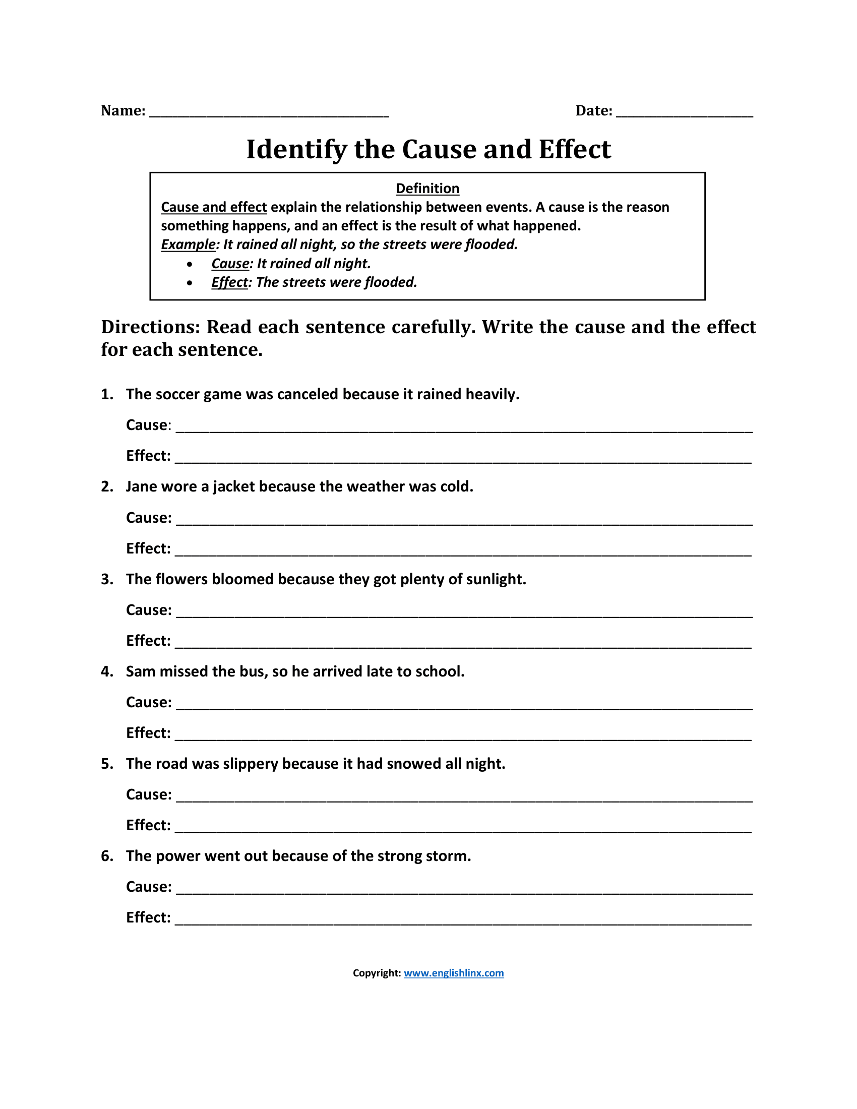 Identify the Cause and Effect Worksheet