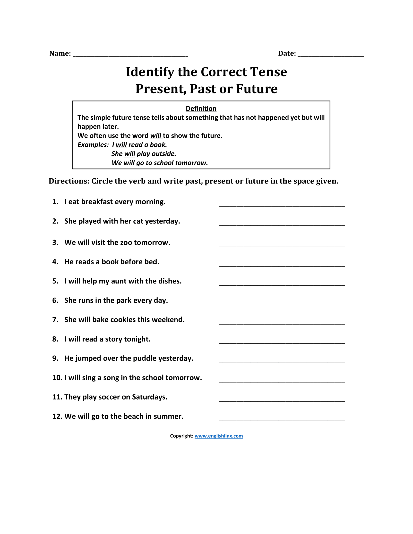 Identify Correct Tense Simple Future Tense Worksheets