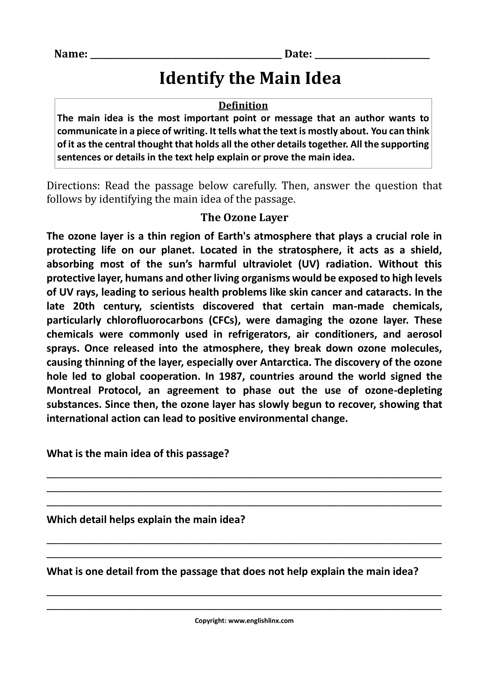 Identify the Main Idea Worksheet