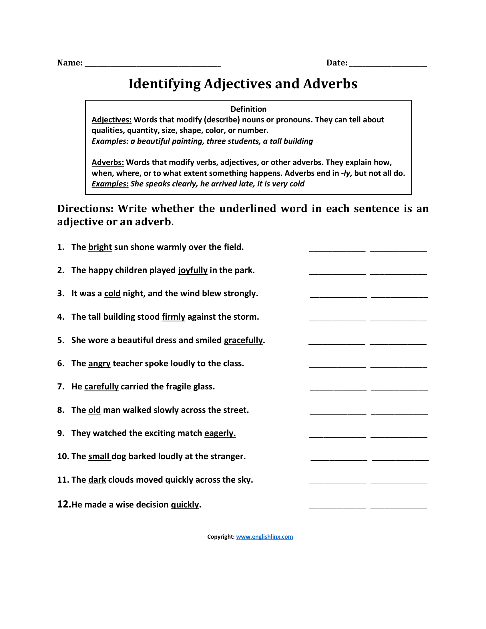 Identifying Adjectives and Adverbs Worksheet