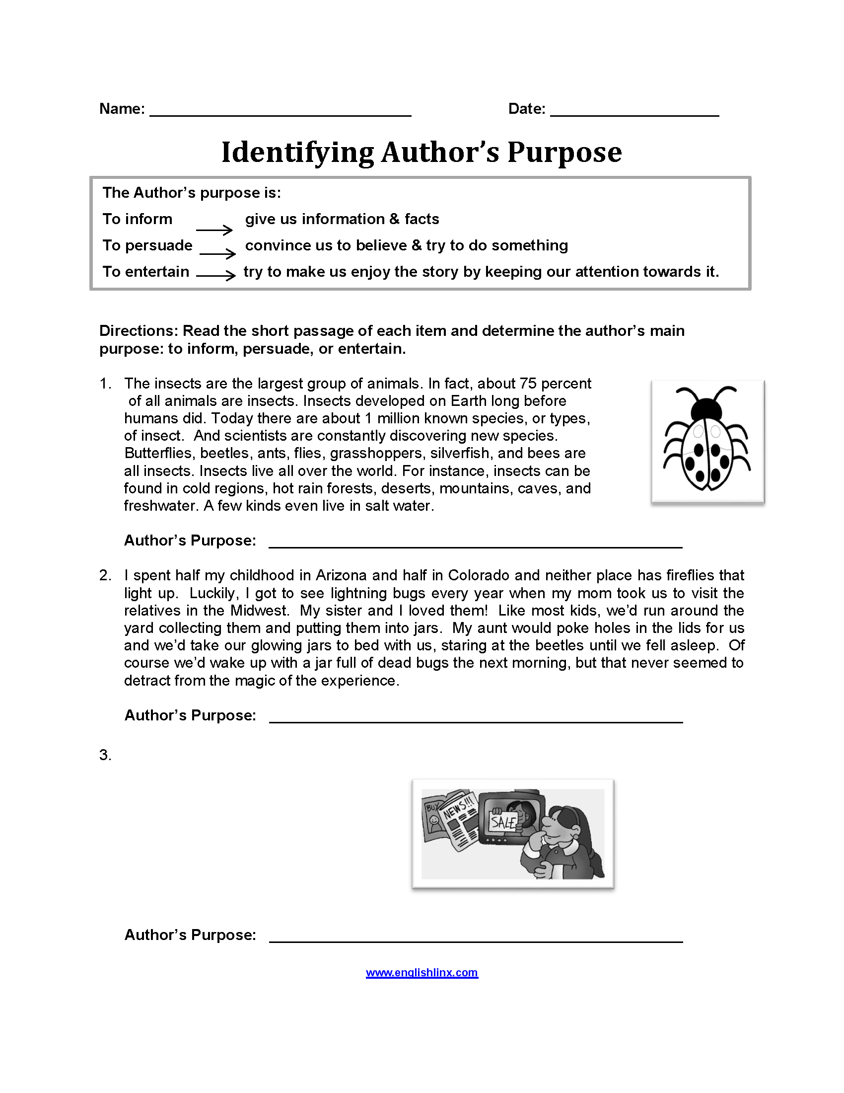 Identifying Author's Purpose Worksheets