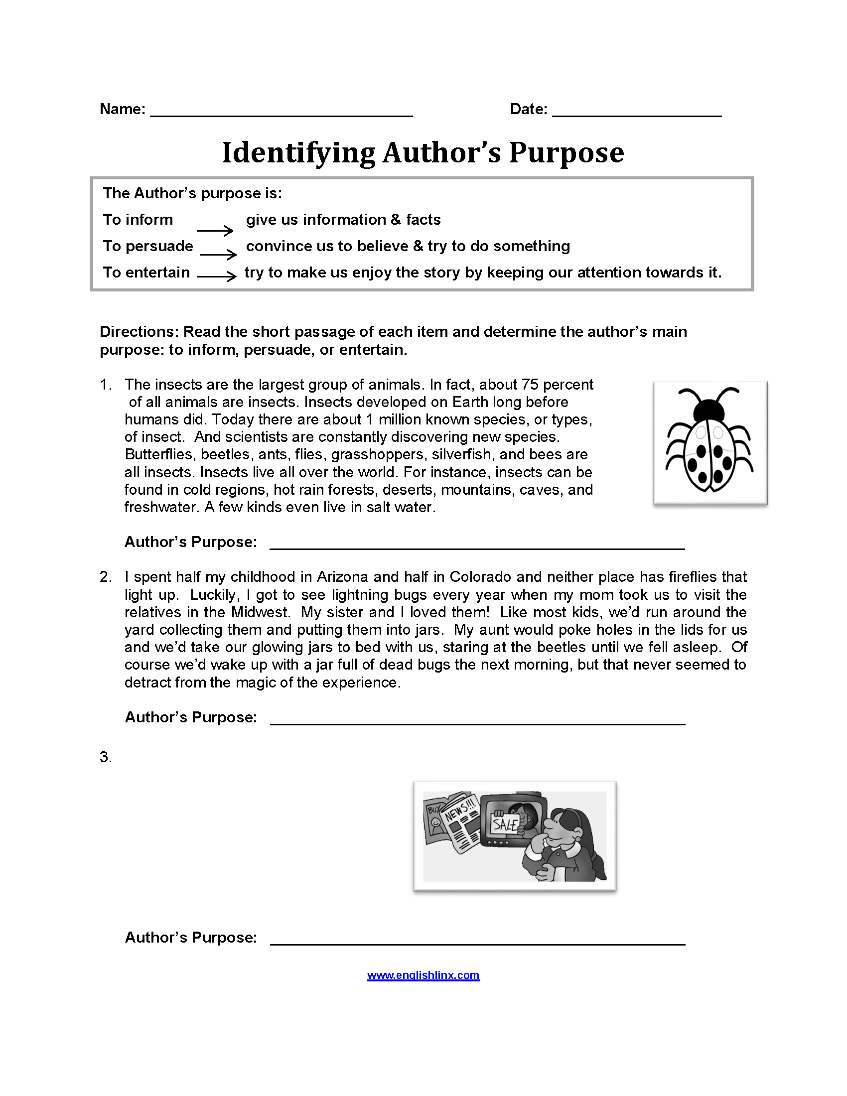 50+ Identifying the Author's Purpose worksheets for 3rd Grade on