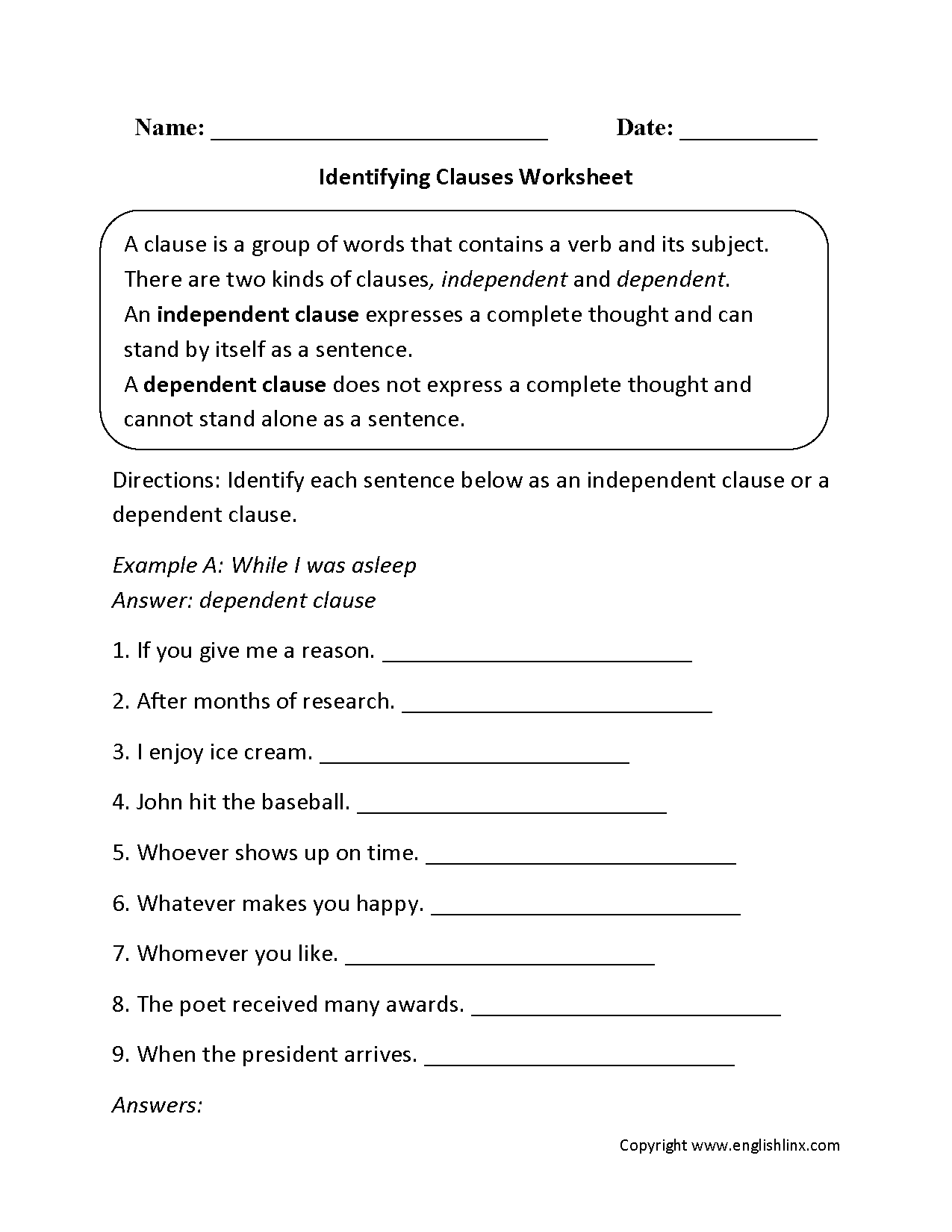 Identifying Clauses Worksheet
