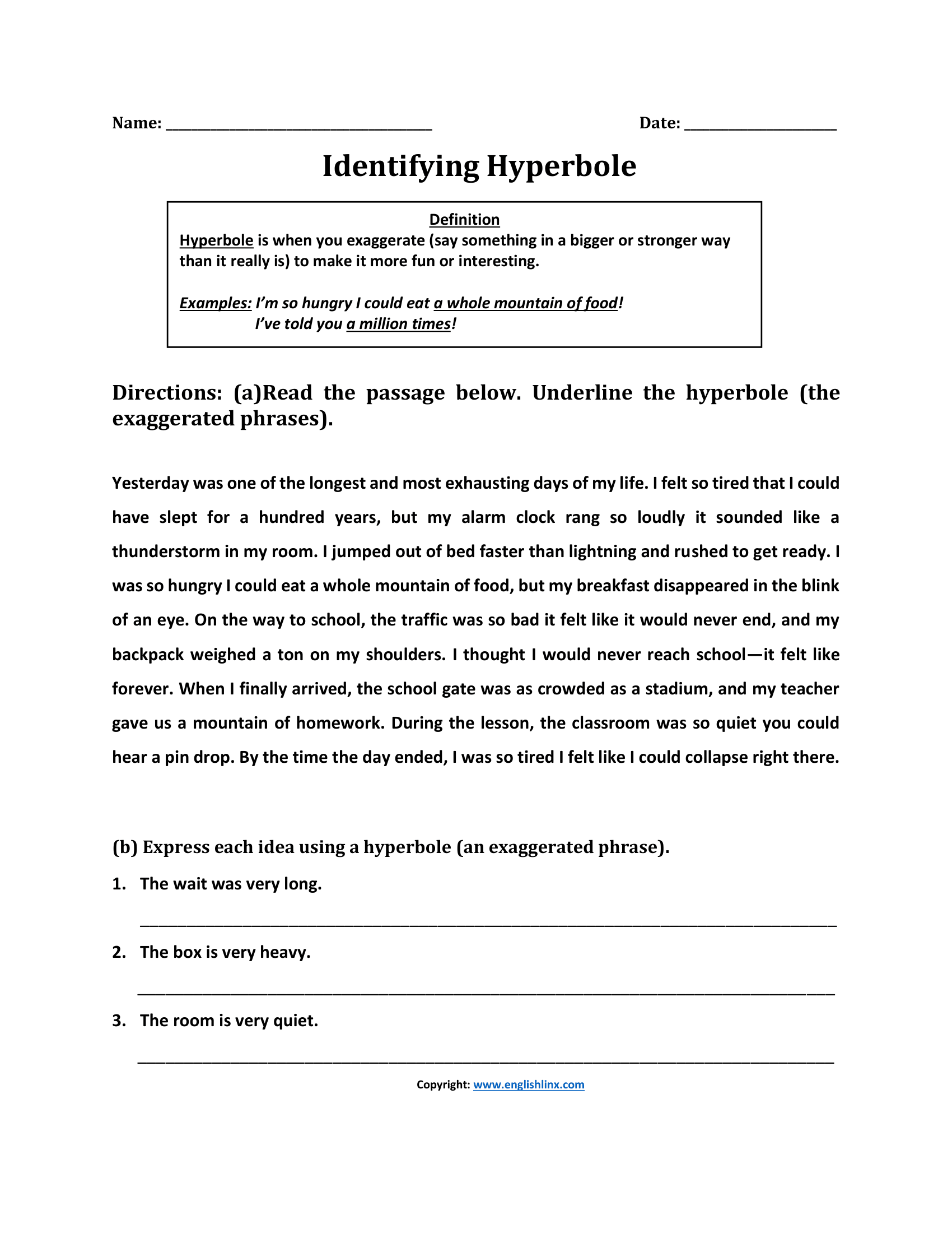 Indentifying Hyperbole Worksheets