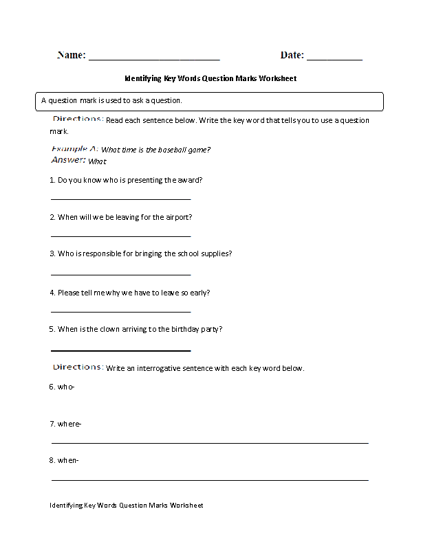 Identifying Key Words Question Marks Worksheet