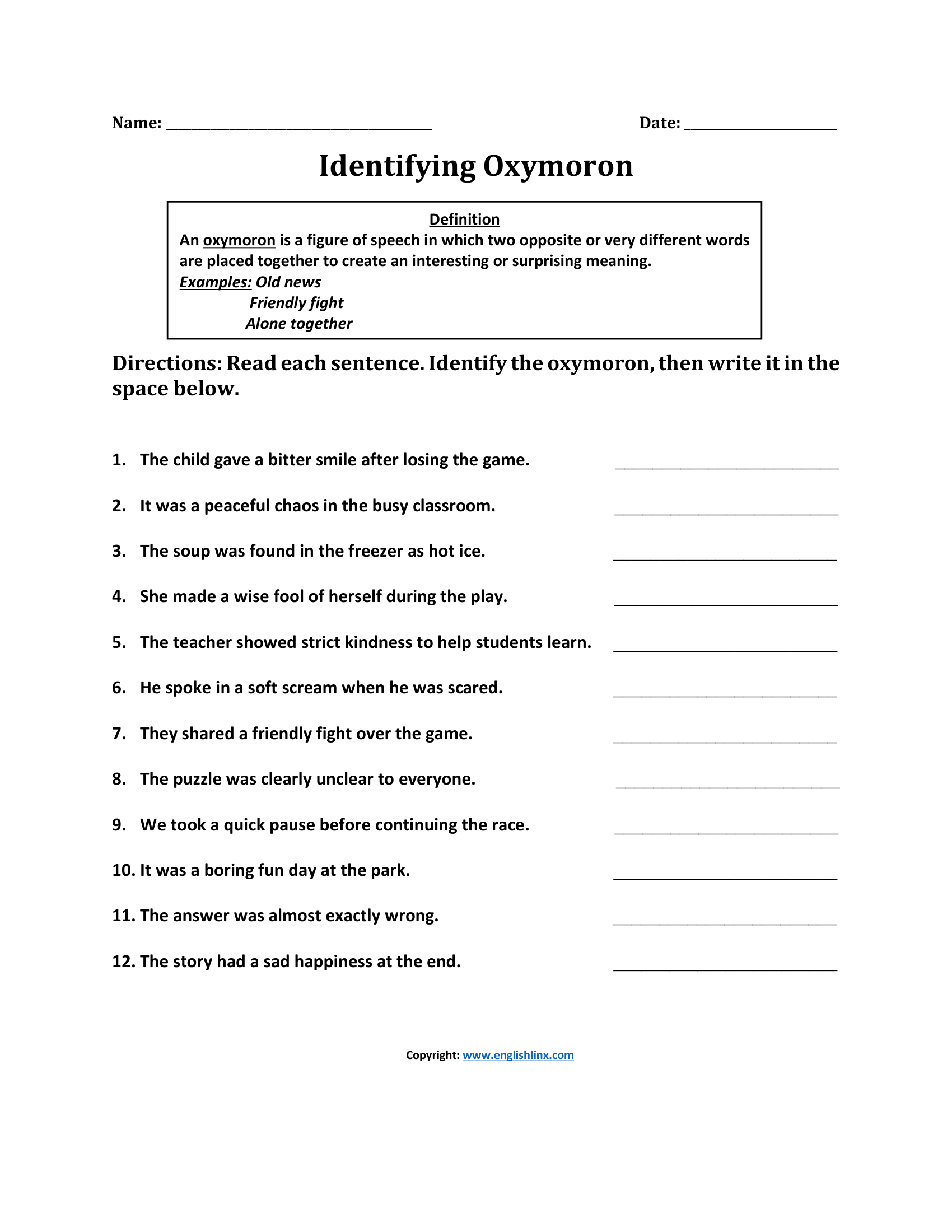 Identifying Oxymoron Worksheets