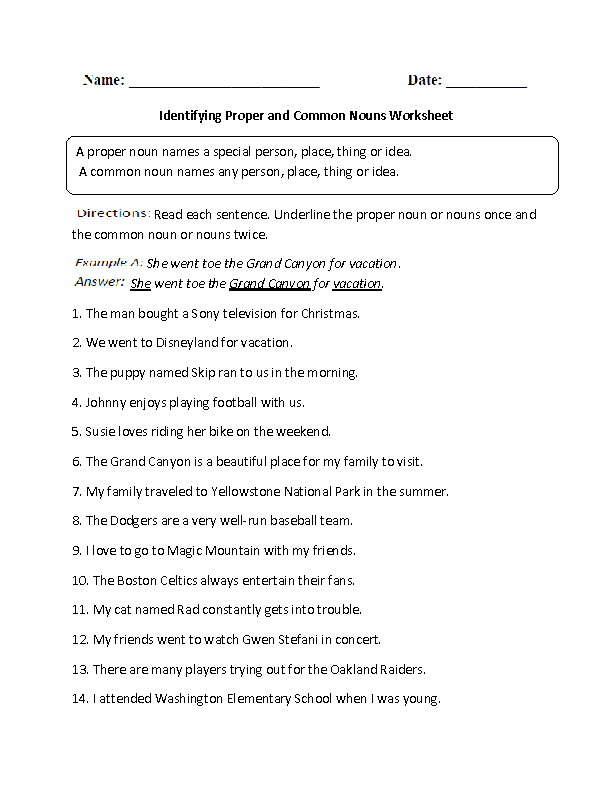 Nouns Worksheets Proper And Common Nouns Worksheets