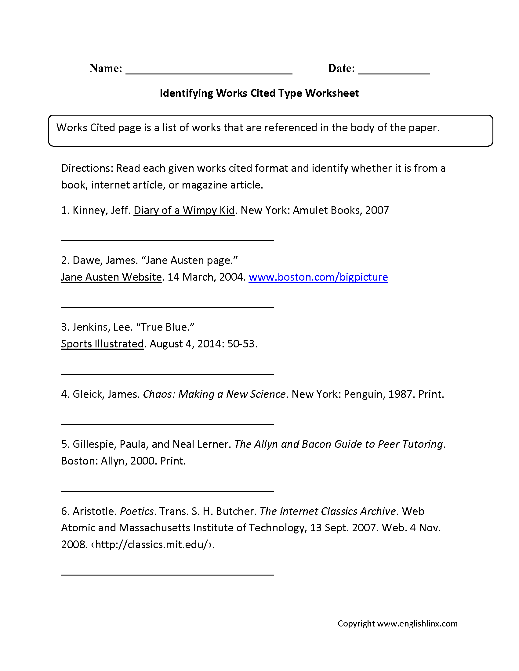 citing sources quiz Intended For Mla Citation Practice Worksheet