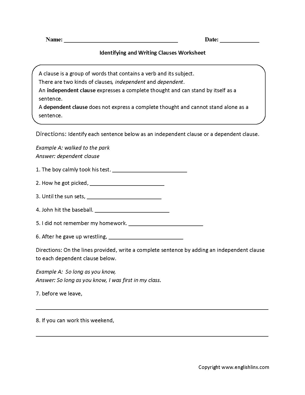 Clauses Worksheets Identifying And Writing Clauses Worksheet