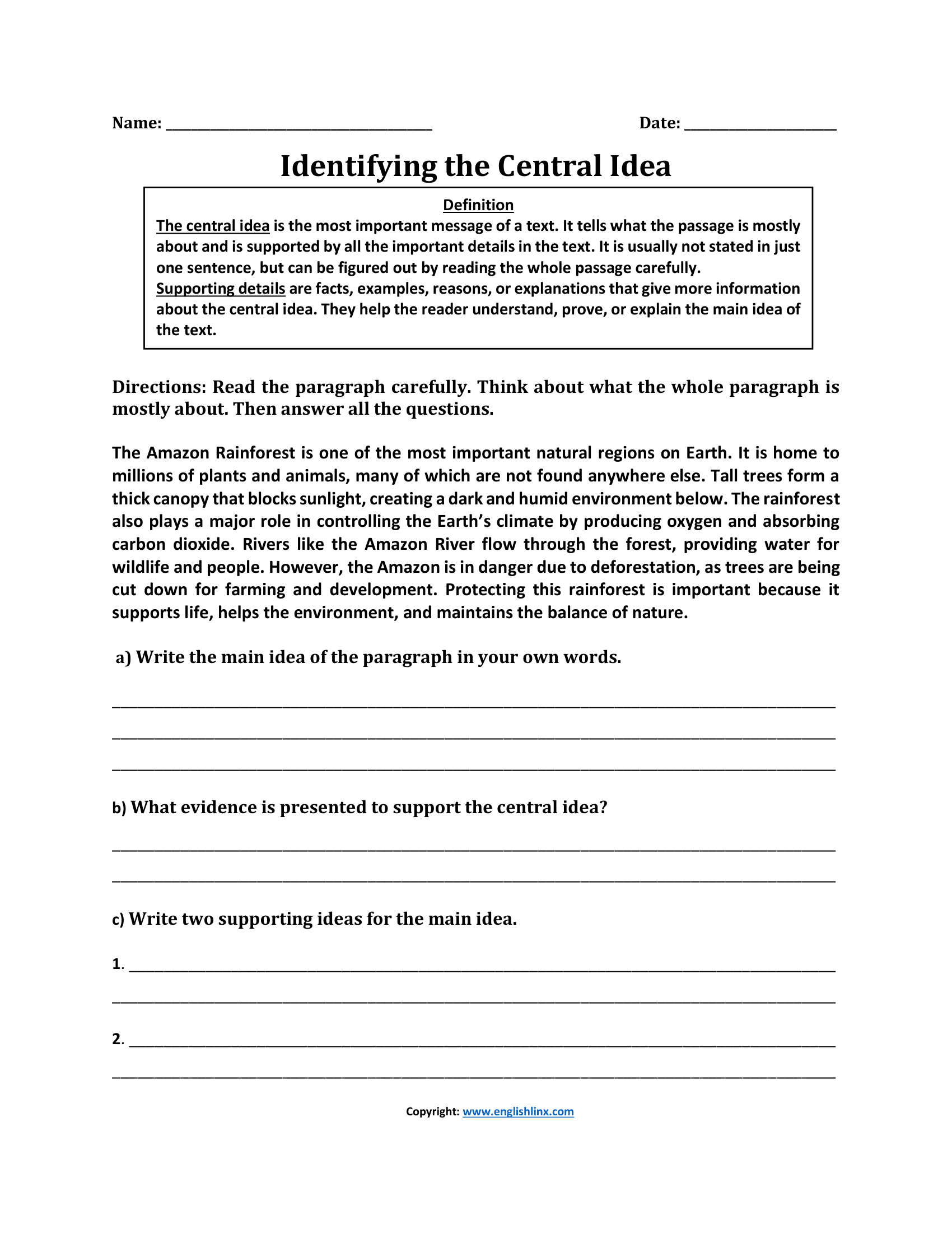 Identifying Central Idea Worksheets