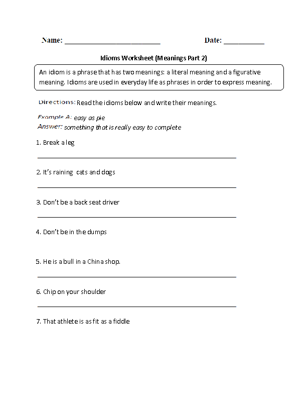 Idioms Meanings Worksheet Part 2