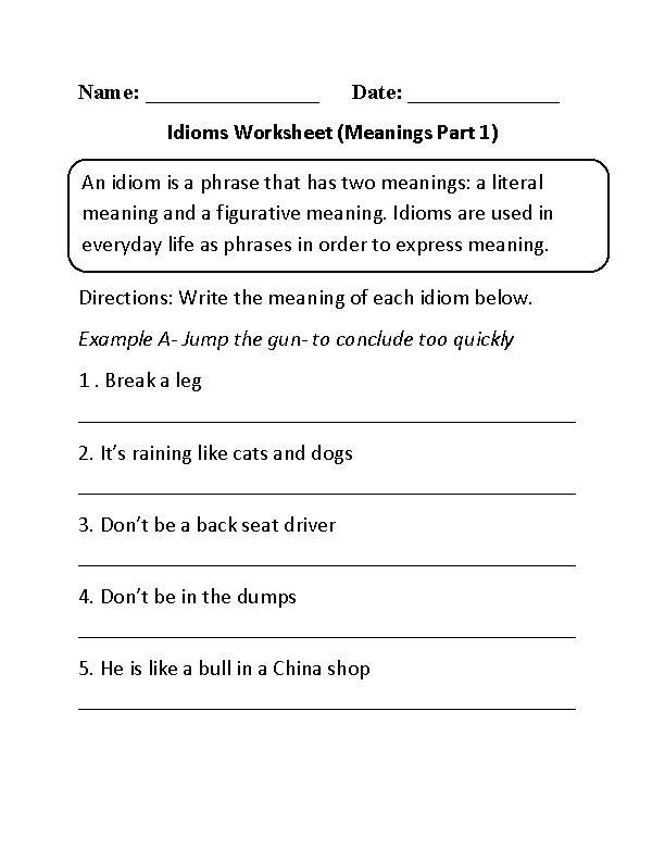 Idioms Worksheet Meanings Part 1 Beginner