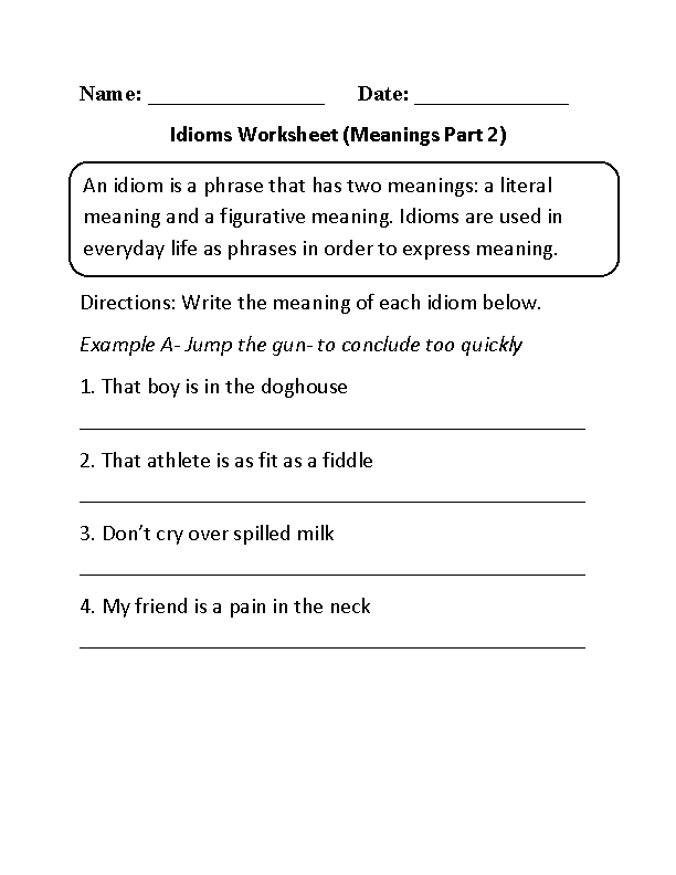 Idioms Worksheet Meanings Part 2 Beginner