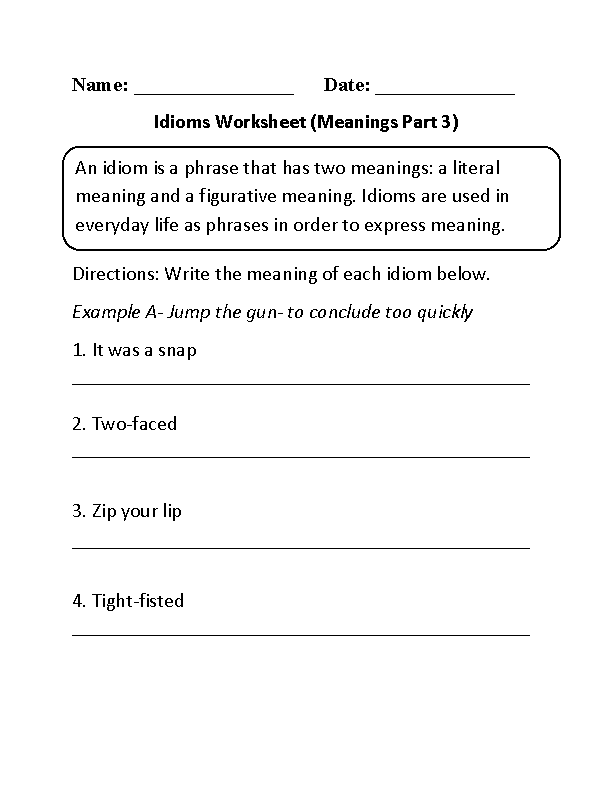 Idioms Worksheet Meanings Part 3 Beginner