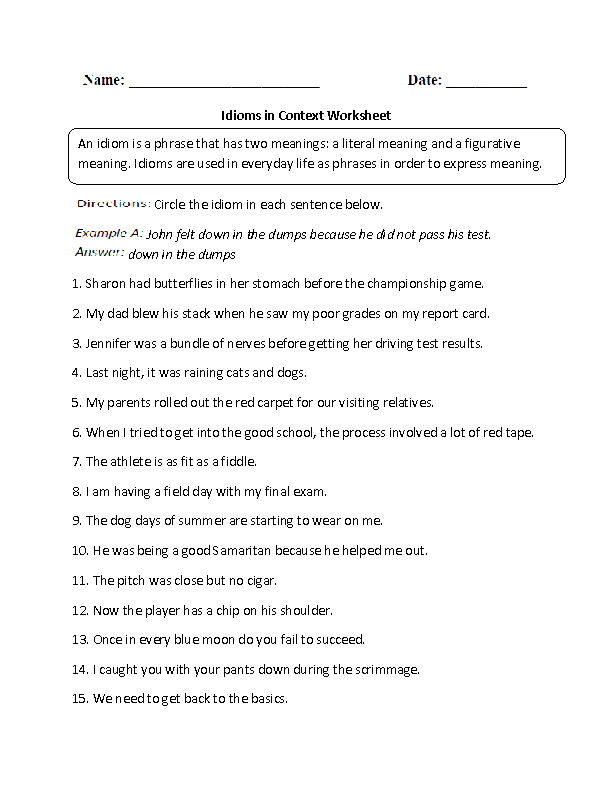 Idioms in Sentence Context Worksheet