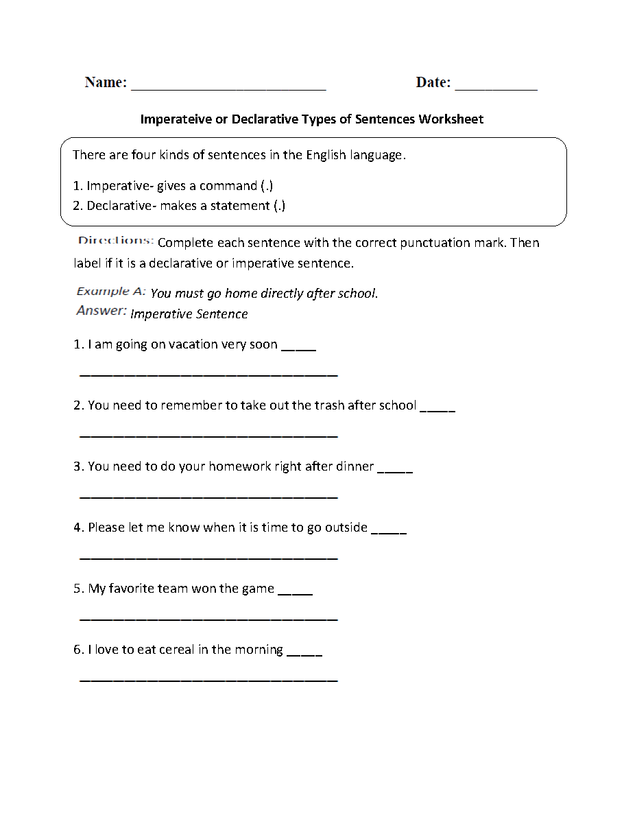 Imperative or Declarative Types of Sentences Worksheet