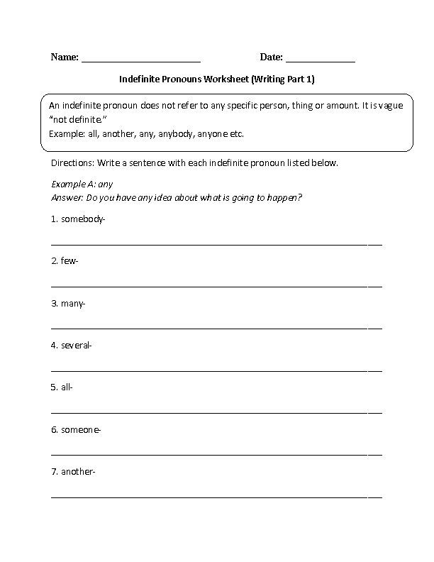 Writing with Indefinite Pronouns Worksheet