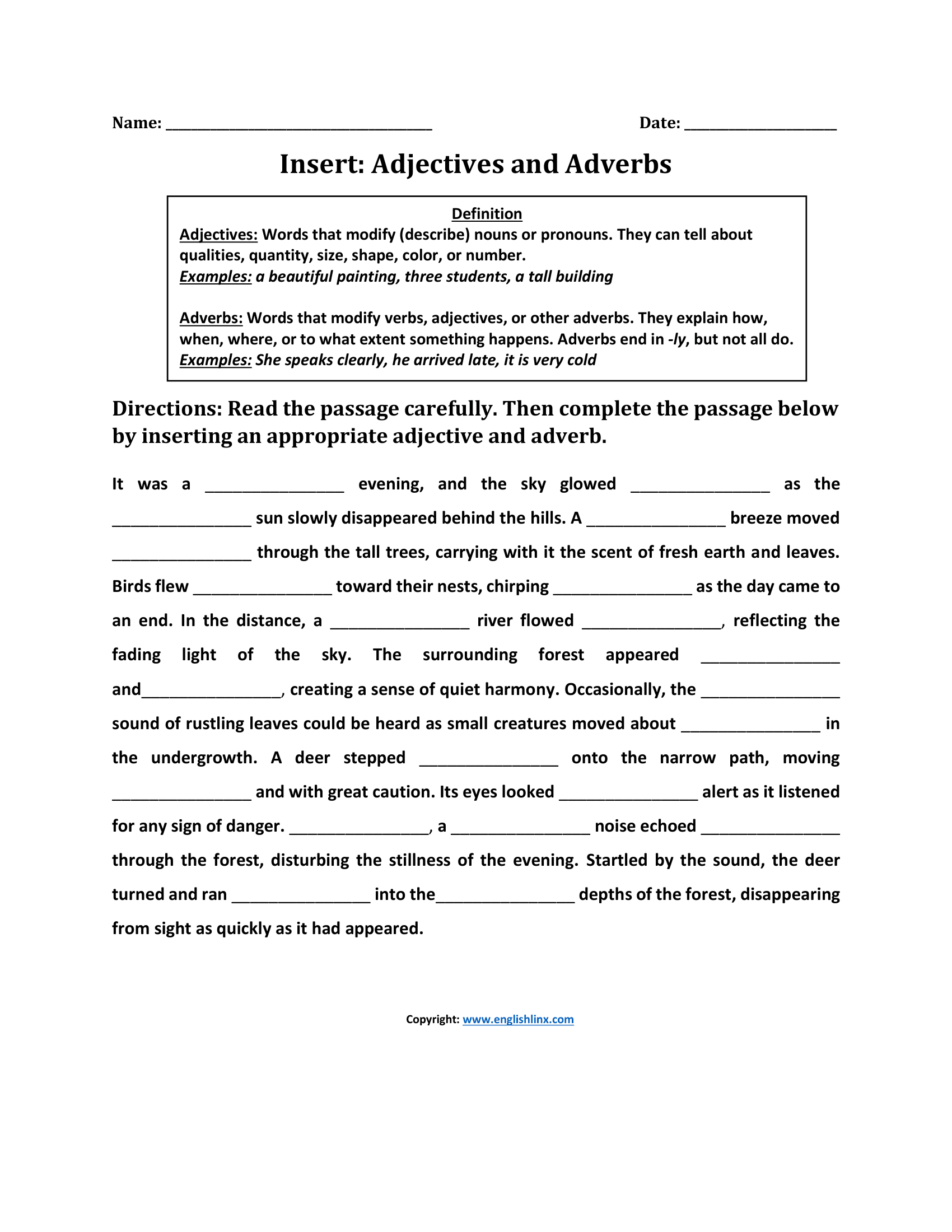 Insert Adjectives and Adverbs Worksheet