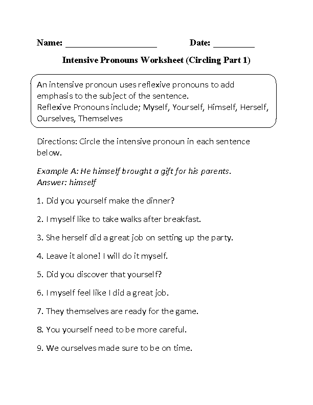 Pronouns Worksheets Intensive Pronouns Worksheets