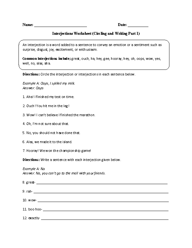 Circling and Writing with Interjections Worksheet