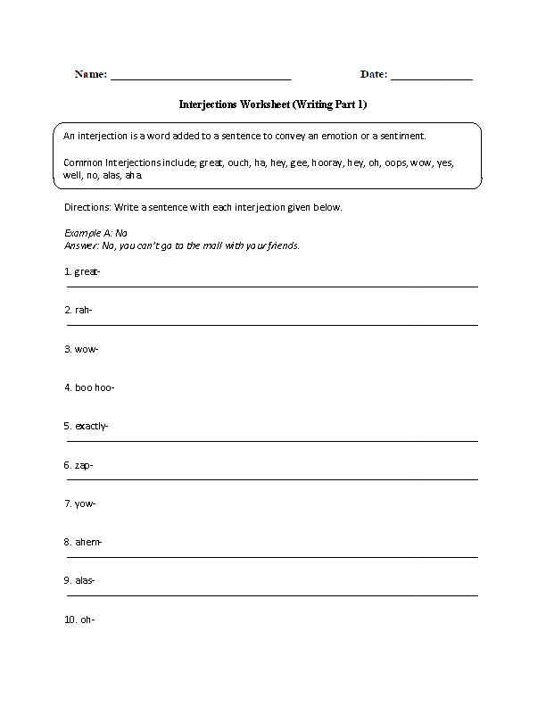 Writing with Interjections Worksheet