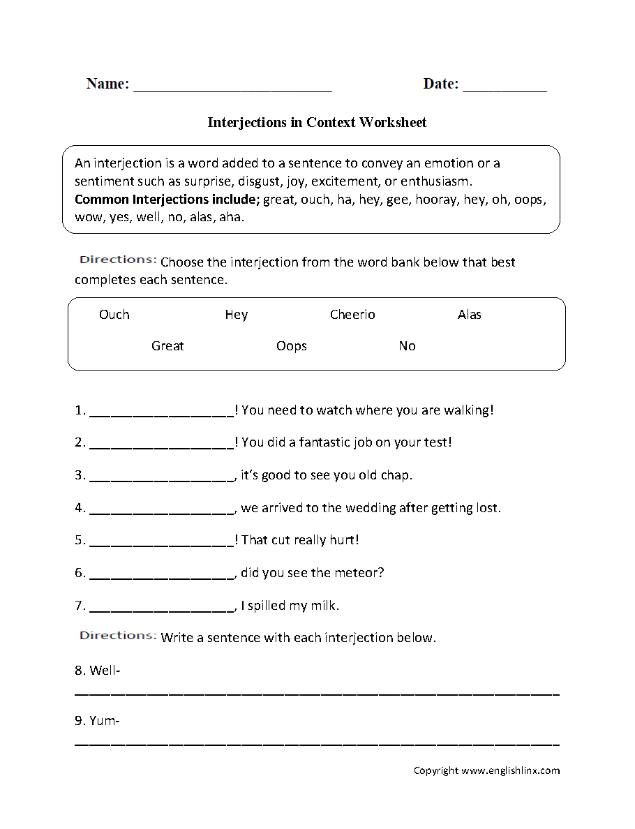 Interjections in Context Worksheet