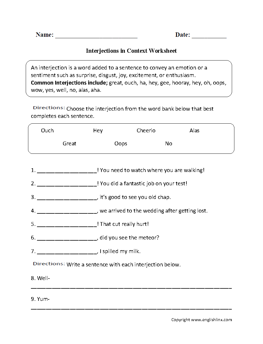 interjection worksheets